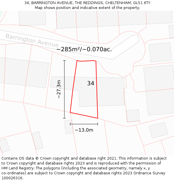 34, BARRINGTON AVENUE, THE REDDINGS, CHELTENHAM, GL51 6TY: Plot and title map