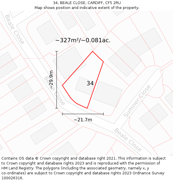 34, BEALE CLOSE, CARDIFF, CF5 2RU: Plot and title map