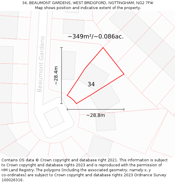 34, BEAUMONT GARDENS, WEST BRIDGFORD, NOTTINGHAM, NG2 7FW: Plot and title map