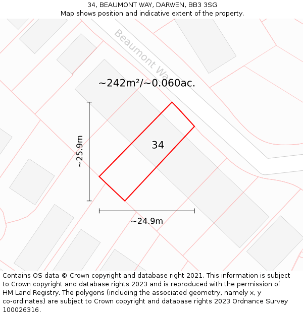 34, BEAUMONT WAY, DARWEN, BB3 3SG: Plot and title map