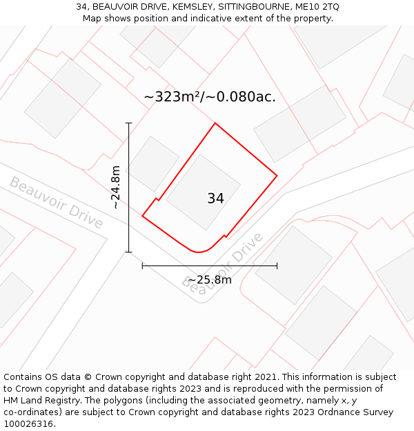 34, BEAUVOIR DRIVE, KEMSLEY, SITTINGBOURNE, ME10 2TQ: Plot and title map