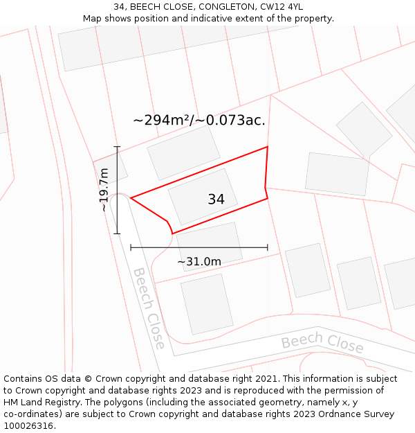 34, BEECH CLOSE, CONGLETON, CW12 4YL: Plot and title map