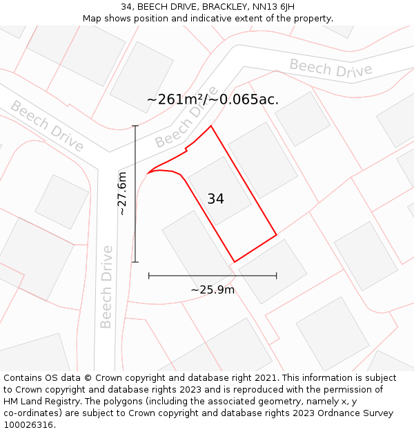 34, BEECH DRIVE, BRACKLEY, NN13 6JH: Plot and title map