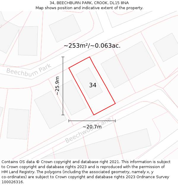 34, BEECHBURN PARK, CROOK, DL15 8NA: Plot and title map