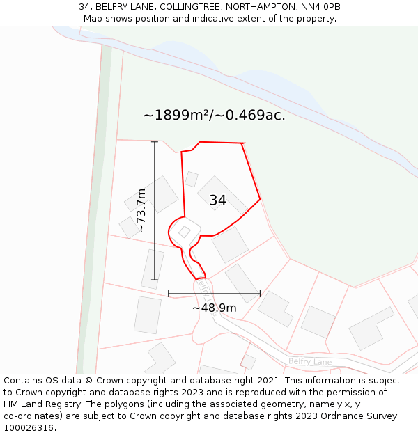 34, BELFRY LANE, COLLINGTREE, NORTHAMPTON, NN4 0PB: Plot and title map