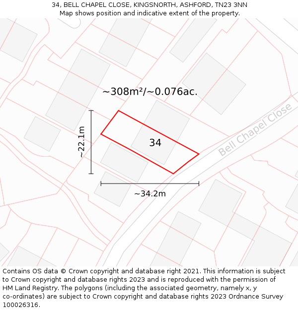 34, BELL CHAPEL CLOSE, KINGSNORTH, ASHFORD, TN23 3NN: Plot and title map