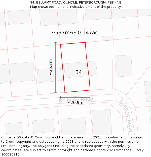 34, BELLAMY ROAD, OUNDLE, PETERBOROUGH, PE8 4NB: Plot and title map