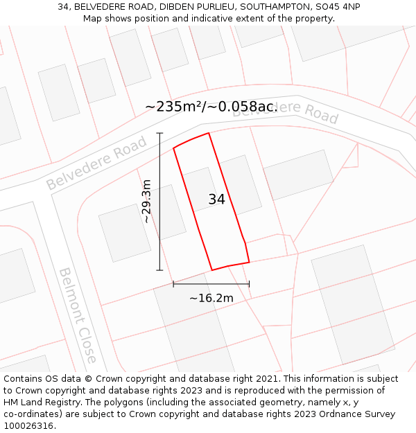 34, BELVEDERE ROAD, DIBDEN PURLIEU, SOUTHAMPTON, SO45 4NP: Plot and title map