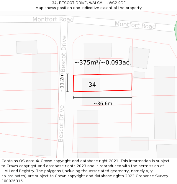 34, BESCOT DRIVE, WALSALL, WS2 9DF: Plot and title map
