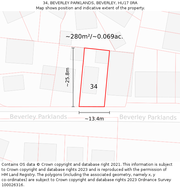 34, BEVERLEY PARKLANDS, BEVERLEY, HU17 0RA: Plot and title map