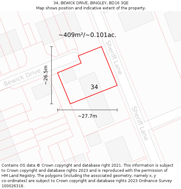 34, BEWICK DRIVE, BINGLEY, BD16 3QE: Plot and title map