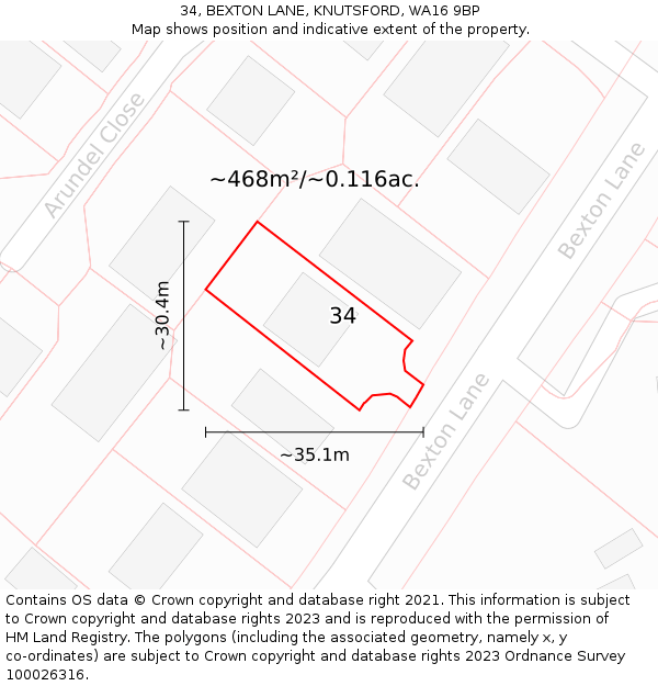 34, BEXTON LANE, KNUTSFORD, WA16 9BP: Plot and title map