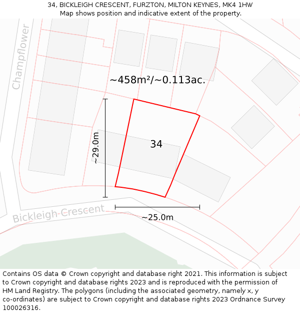 34, BICKLEIGH CRESCENT, FURZTON, MILTON KEYNES, MK4 1HW: Plot and title map