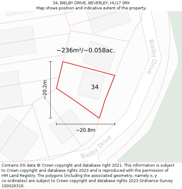 34, BIELBY DRIVE, BEVERLEY, HU17 0RX: Plot and title map