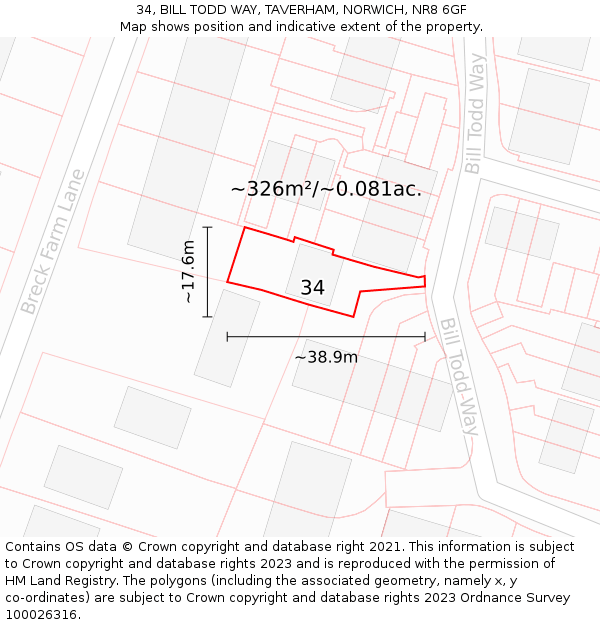 34, BILL TODD WAY, TAVERHAM, NORWICH, NR8 6GF: Plot and title map