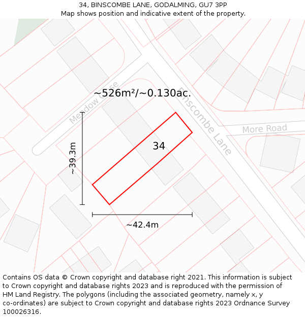 34, BINSCOMBE LANE, GODALMING, GU7 3PP: Plot and title map