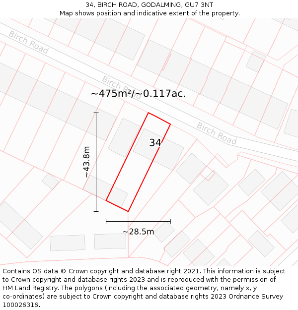 34, BIRCH ROAD, GODALMING, GU7 3NT: Plot and title map