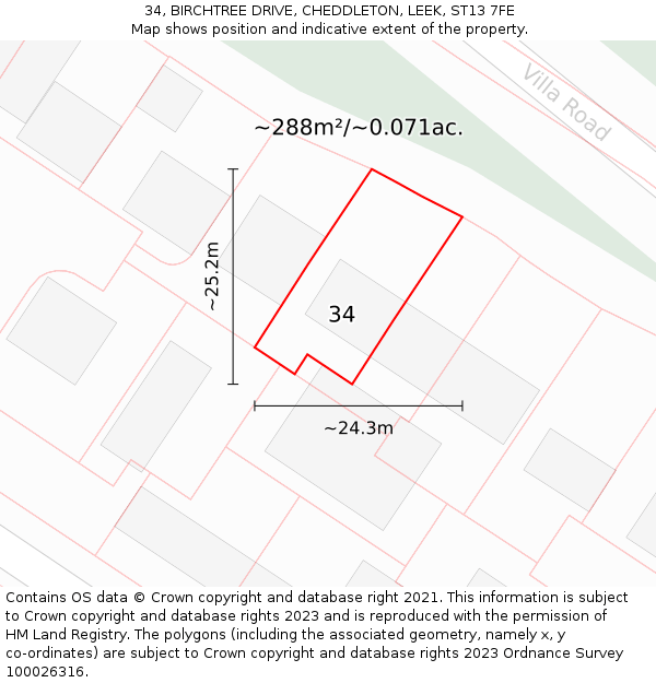 34, BIRCHTREE DRIVE, CHEDDLETON, LEEK, ST13 7FE: Plot and title map