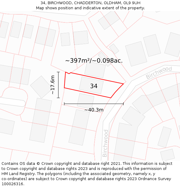 34, BIRCHWOOD, CHADDERTON, OLDHAM, OL9 9UH: Plot and title map