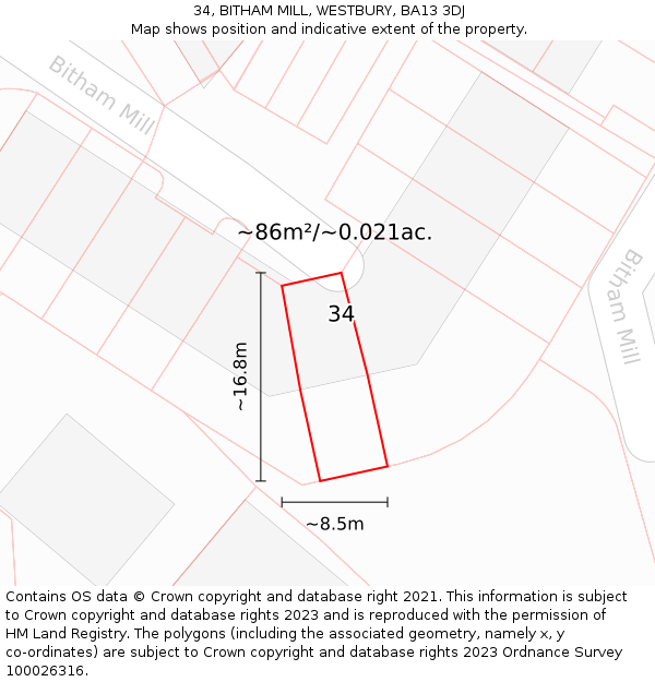 34, BITHAM MILL, WESTBURY, BA13 3DJ: Plot and title map