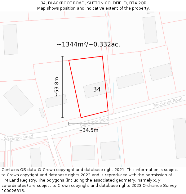 34, BLACKROOT ROAD, SUTTON COLDFIELD, B74 2QP: Plot and title map