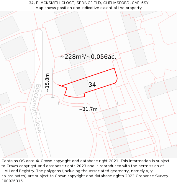 34, BLACKSMITH CLOSE, SPRINGFIELD, CHELMSFORD, CM1 6SY: Plot and title map