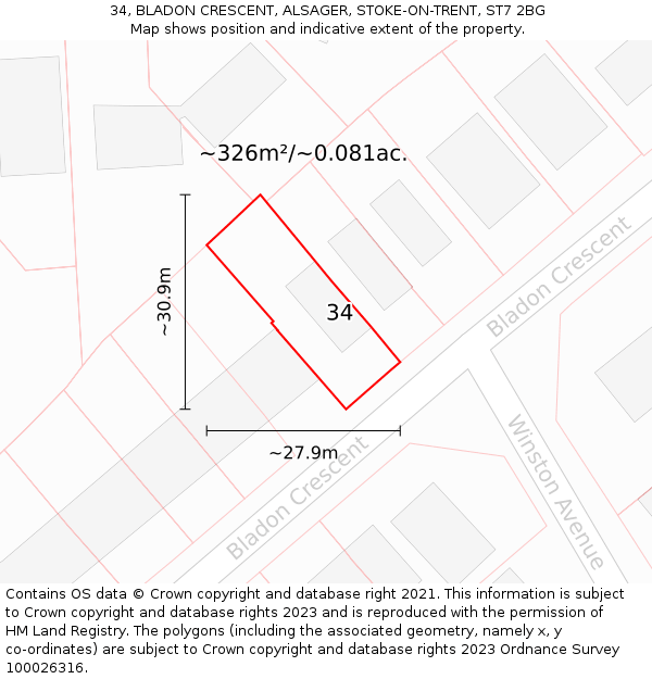 34, BLADON CRESCENT, ALSAGER, STOKE-ON-TRENT, ST7 2BG: Plot and title map