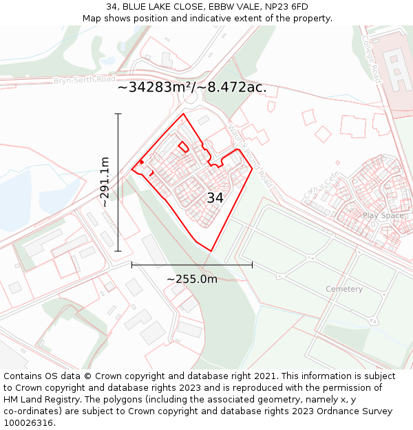 34, BLUE LAKE CLOSE, EBBW VALE, NP23 6FD: Plot and title map