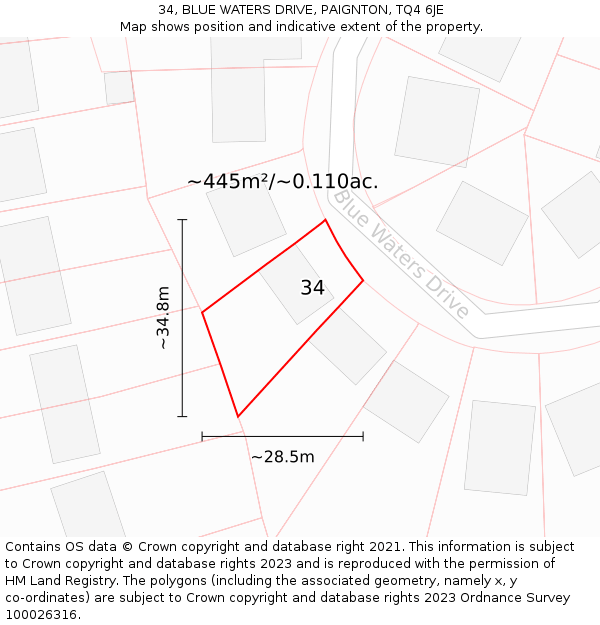 34, BLUE WATERS DRIVE, PAIGNTON, TQ4 6JE: Plot and title map