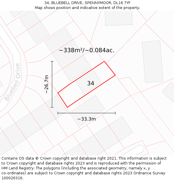 34, BLUEBELL DRIVE, SPENNYMOOR, DL16 7YF: Plot and title map