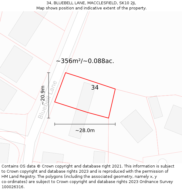 34, BLUEBELL LANE, MACCLESFIELD, SK10 2JL: Plot and title map