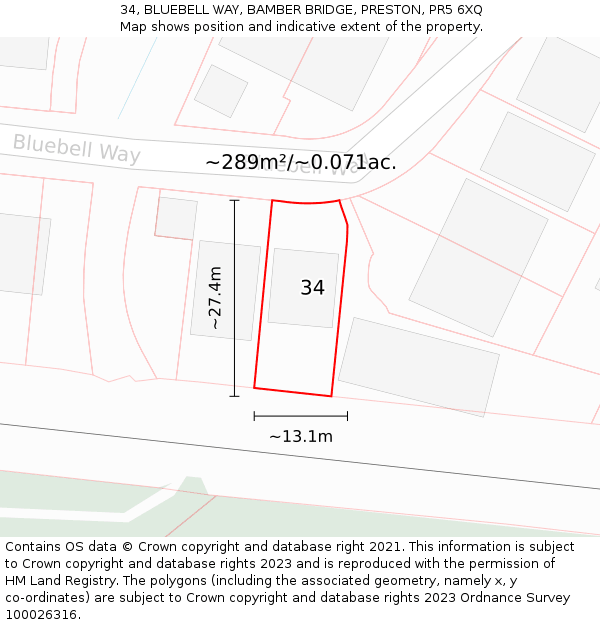 34, BLUEBELL WAY, BAMBER BRIDGE, PRESTON, PR5 6XQ: Plot and title map