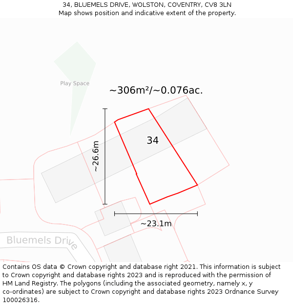 34, BLUEMELS DRIVE, WOLSTON, COVENTRY, CV8 3LN: Plot and title map