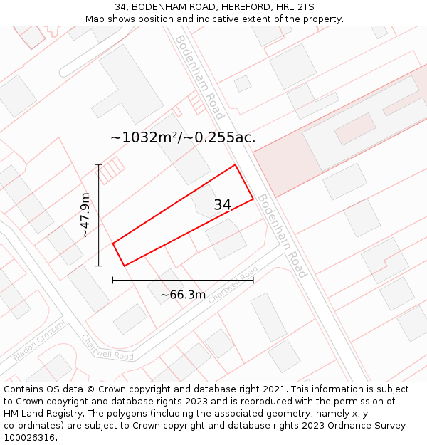 34, BODENHAM ROAD, HEREFORD, HR1 2TS: Plot and title map