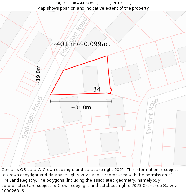 34, BODRIGAN ROAD, LOOE, PL13 1EQ: Plot and title map