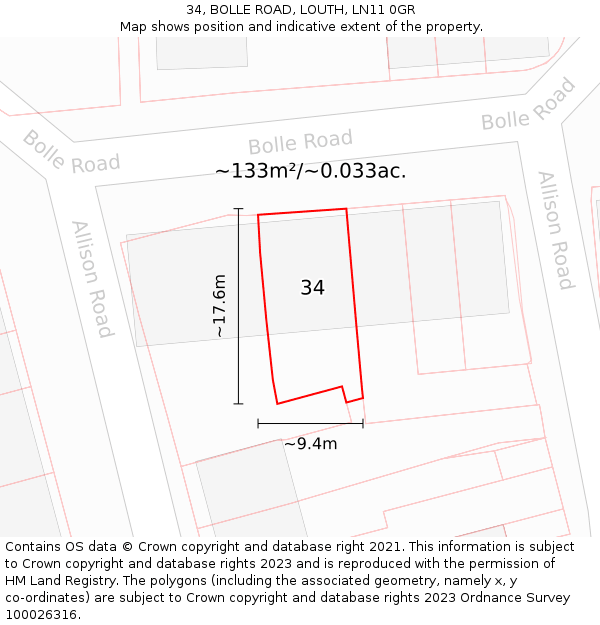 34, BOLLE ROAD, LOUTH, LN11 0GR: Plot and title map