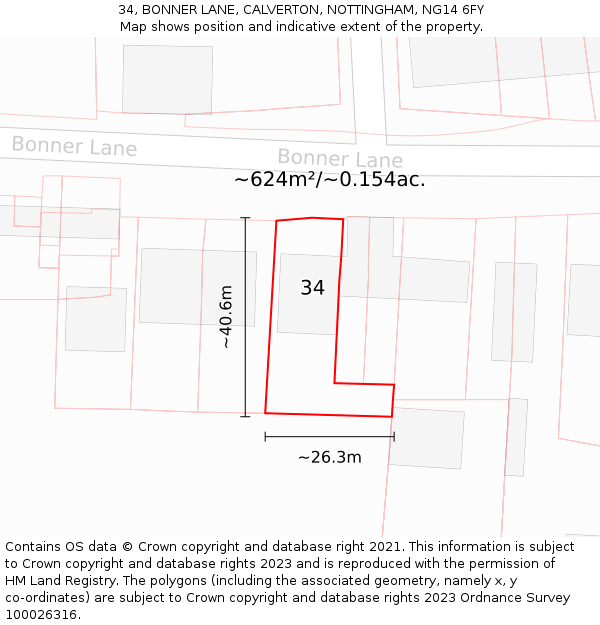 34, BONNER LANE, CALVERTON, NOTTINGHAM, NG14 6FY: Plot and title map