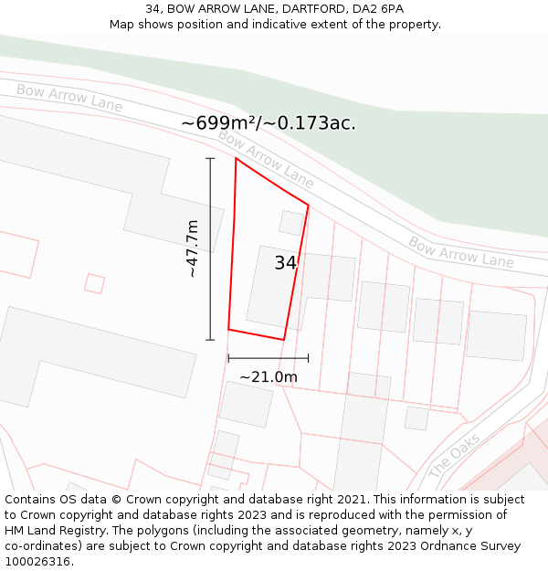 34, BOW ARROW LANE, DARTFORD, DA2 6PA: Plot and title map