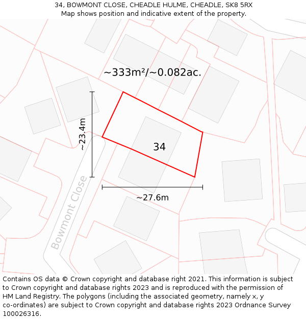 34, BOWMONT CLOSE, CHEADLE HULME, CHEADLE, SK8 5RX: Plot and title map