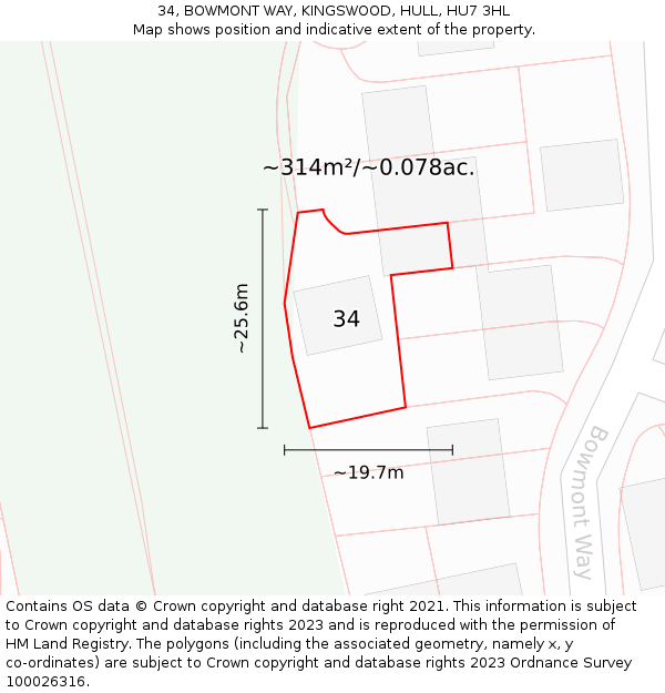 34, BOWMONT WAY, KINGSWOOD, HULL, HU7 3HL: Plot and title map