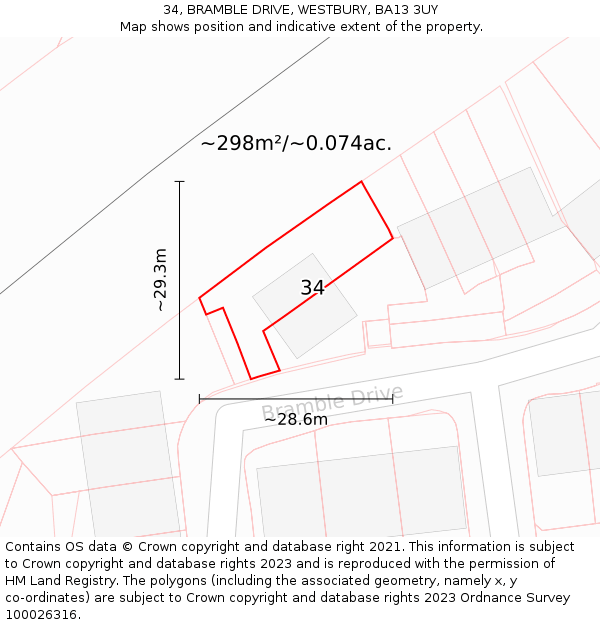 34, BRAMBLE DRIVE, WESTBURY, BA13 3UY: Plot and title map