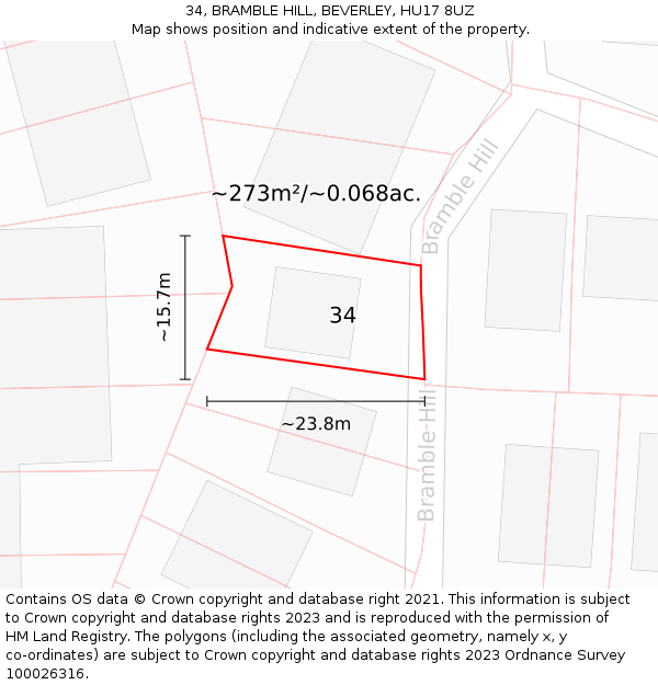 34, BRAMBLE HILL, BEVERLEY, HU17 8UZ: Plot and title map