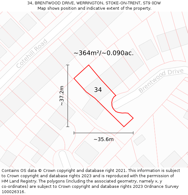 34, BRENTWOOD DRIVE, WERRINGTON, STOKE-ON-TRENT, ST9 0DW: Plot and title map