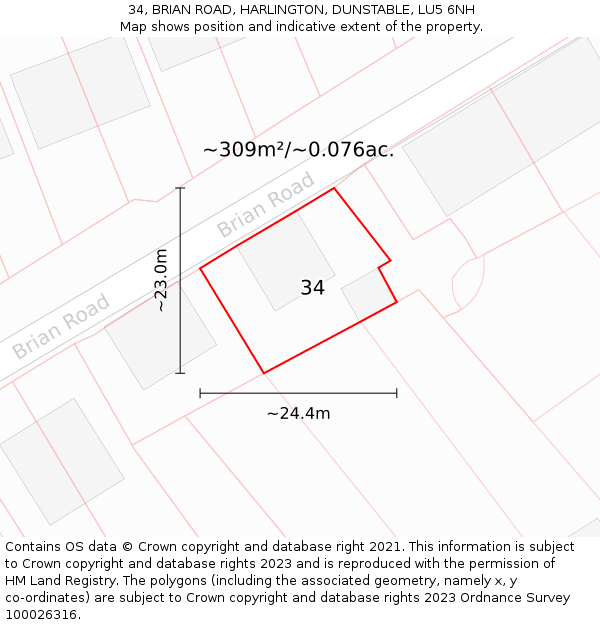 34, BRIAN ROAD, HARLINGTON, DUNSTABLE, LU5 6NH: Plot and title map