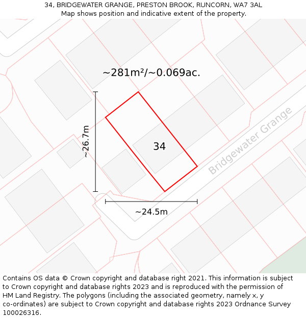 34, BRIDGEWATER GRANGE, PRESTON BROOK, RUNCORN, WA7 3AL: Plot and title map