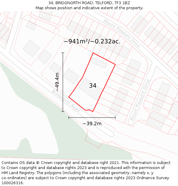 34, BRIDGNORTH ROAD, TELFORD, TF3 1BZ: Plot and title map