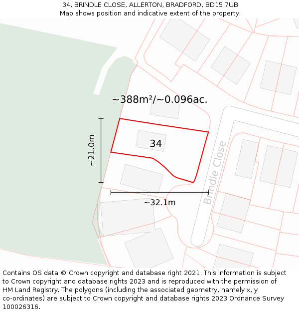 34, BRINDLE CLOSE, ALLERTON, BRADFORD, BD15 7UB: Plot and title map