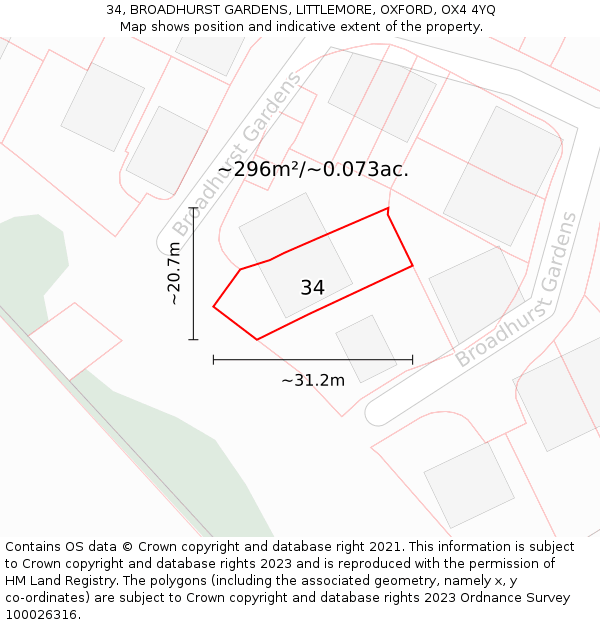 34, BROADHURST GARDENS, LITTLEMORE, OXFORD, OX4 4YQ: Plot and title map