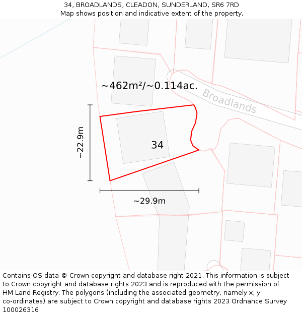 34, BROADLANDS, CLEADON, SUNDERLAND, SR6 7RD: Plot and title map