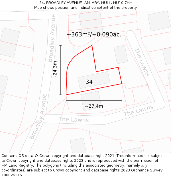 34, BROADLEY AVENUE, ANLABY, HULL, HU10 7HH: Plot and title map